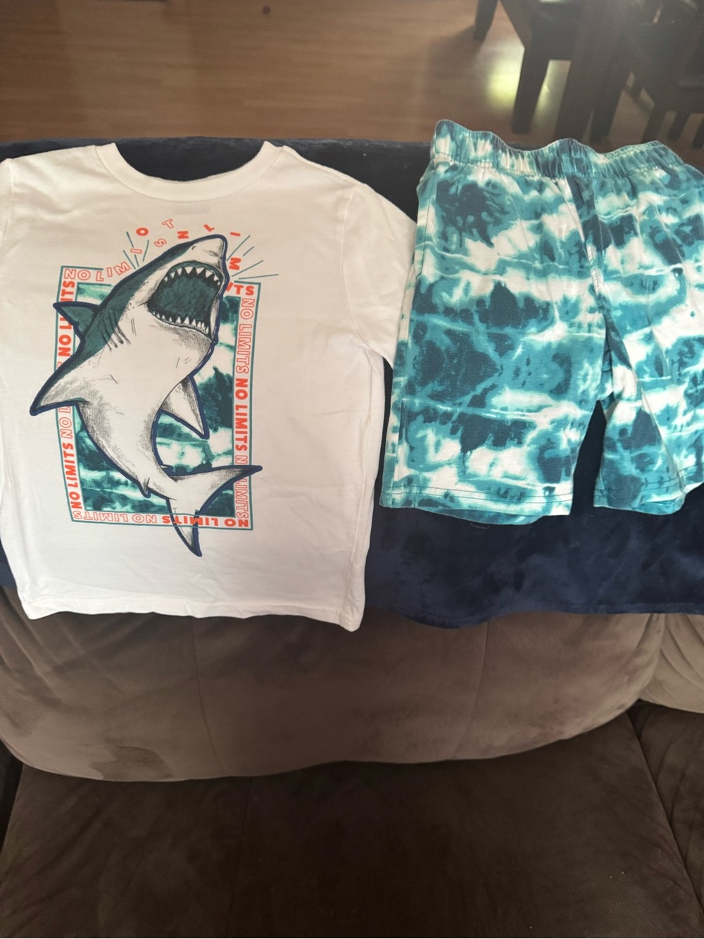 White Shark Graphic Kids Set with Teal Tie-Dye Shorts